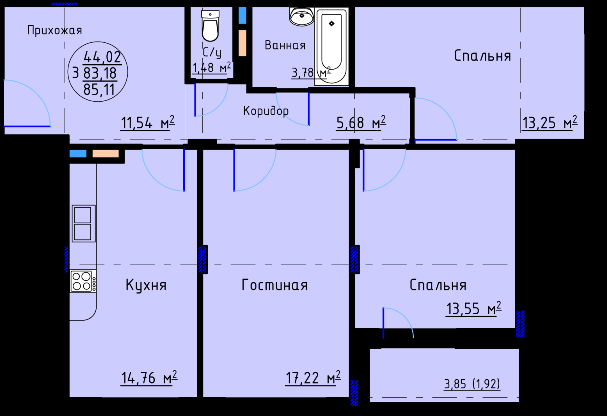 3-х комн. квартира в строящемся доме  88, 4 кв. м. от 3 300 000 руб.  Город Дмитров